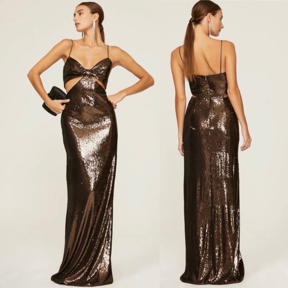 Halston Chloe Cutout Sequined Tulle Gown, Brown Size 4 New w/Tag Retail $595 - Picture 5 of 16